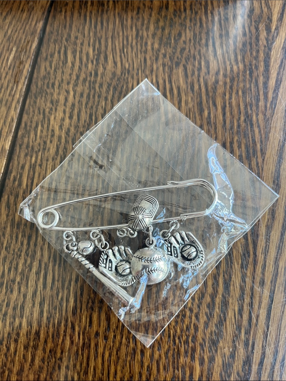 Baseball Charm Safety Pin Brooch - Silver Tone